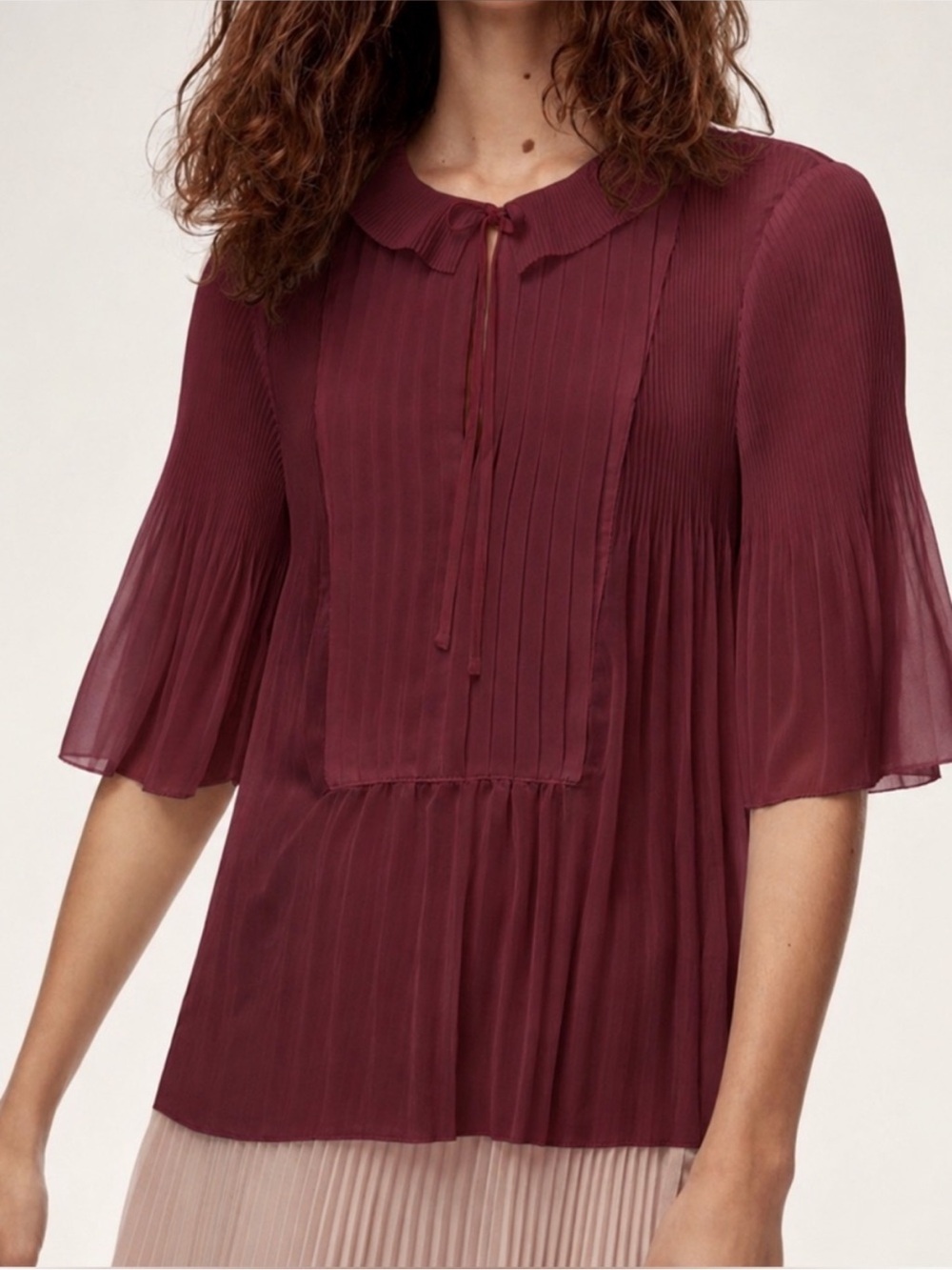 Aritzia Wilfred Matthieu Blouse Burgundy Pleated Tie-Neck Blouse SZ SM
